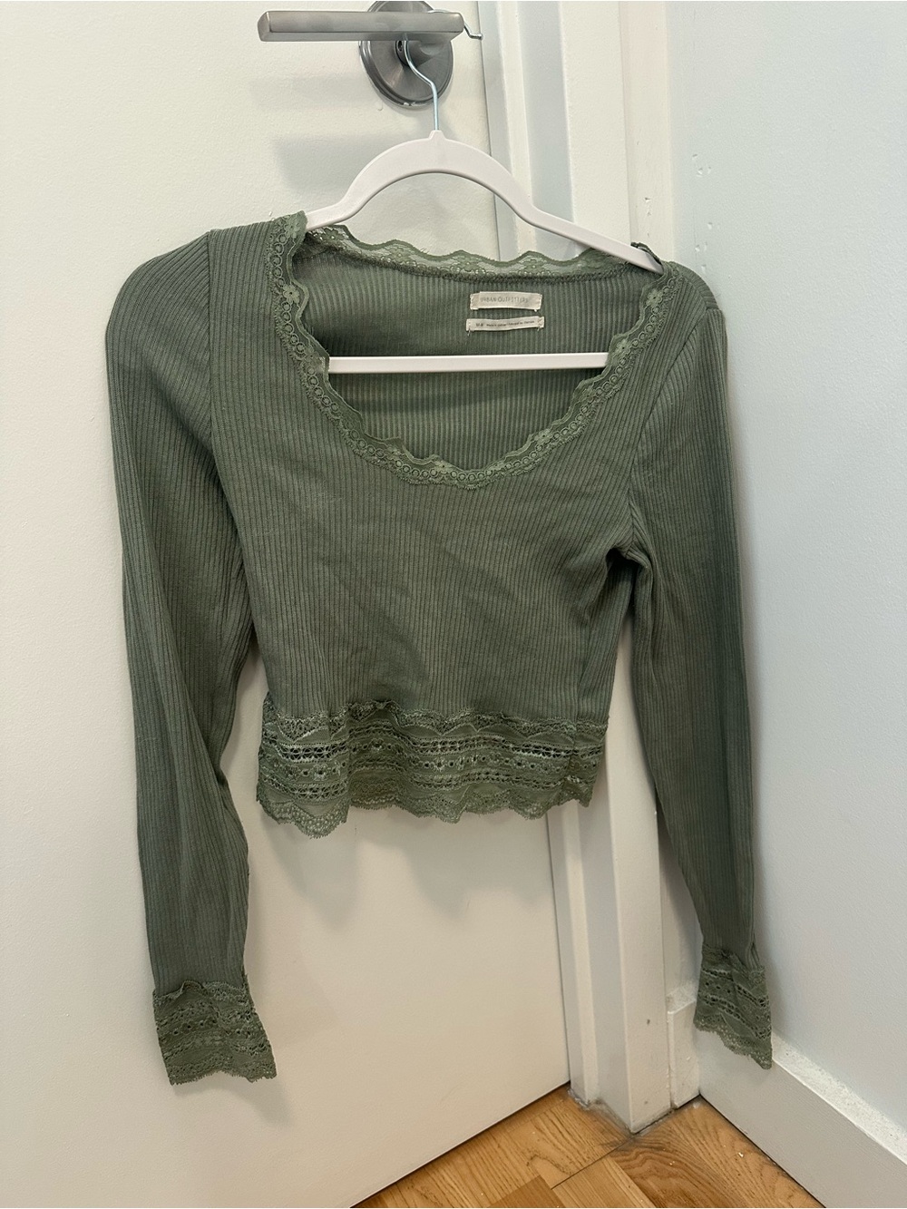 Urban Outfitters Olive Green Ribbed Lace Trim Long-Sleeve Top